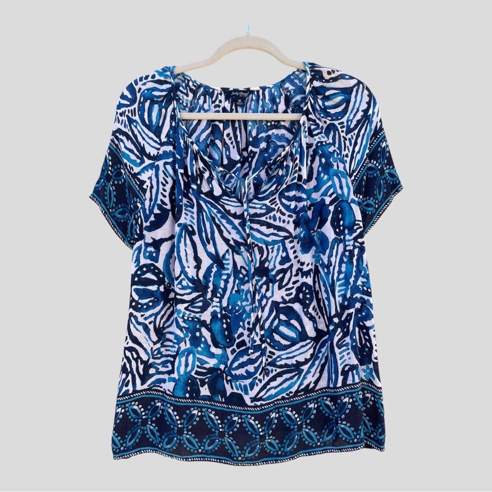 Lucky Brand Flowy Winter Blue & White Peasant-Style Top Size M